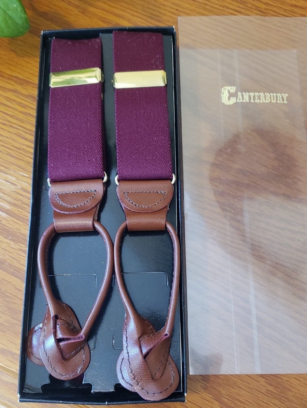 NWT Canterbury Burgundy Suspenders With Brown Leather & Gold Accents - OS